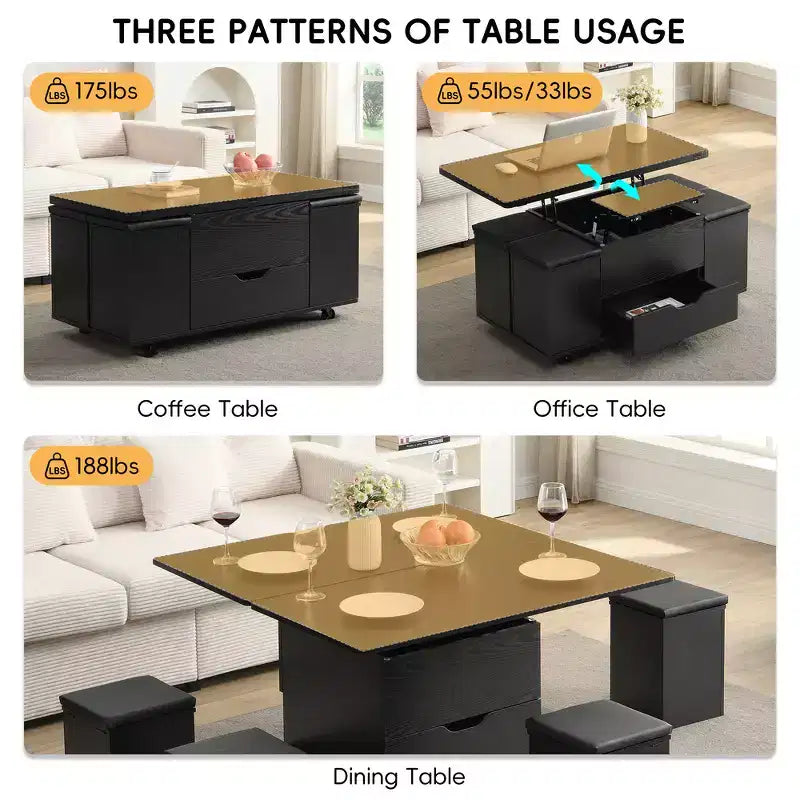 Mesa de centro moderna multifunções com tampo elevável, arrumação oculta, 4 bancos e rodízios, perfeita para espaços de estar modernos
