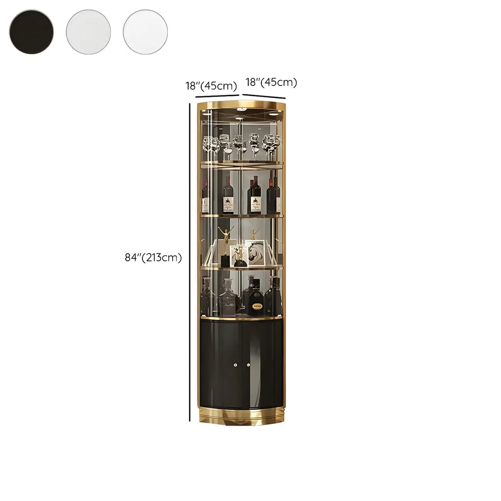 Vitrina de canto glamorosa com vidro brilhante e metal dourado, de formato arredondado