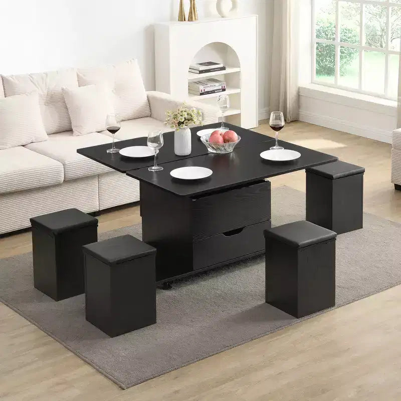 Mesa de centro moderna multifunções com tampo elevável, arrumação oculta, 4 bancos e rodízios, perfeita para espaços de estar modernos