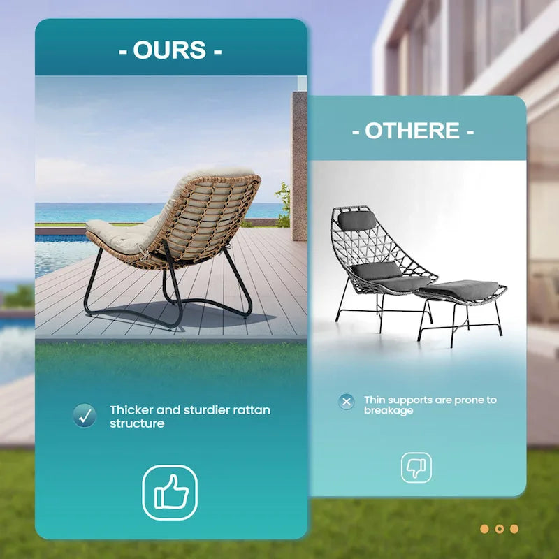 Fauteuils papasan d’extérieur avec coussin, en rotin PE, confortables pour la terrasse avec table d’appoint