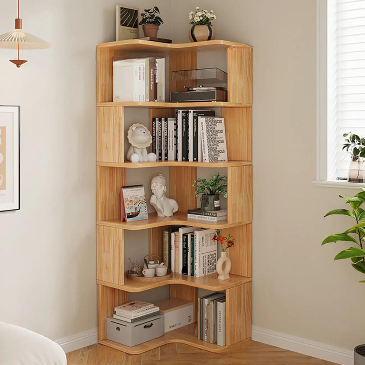 Natural Finish L-Shaped Vertical Wood Open Back Bookcase