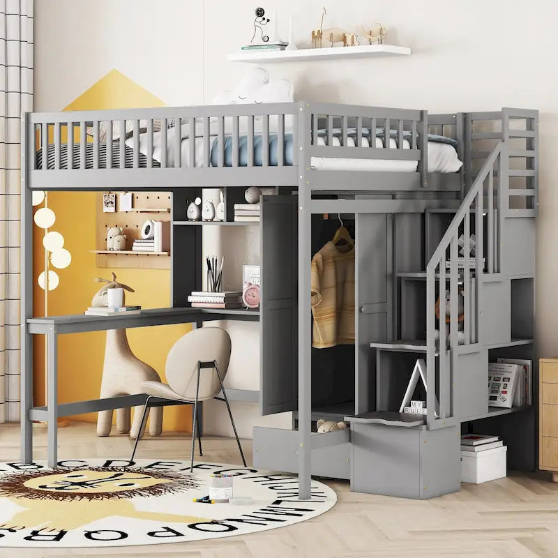 Lit mezzanine double en pin avec bureau et rangement