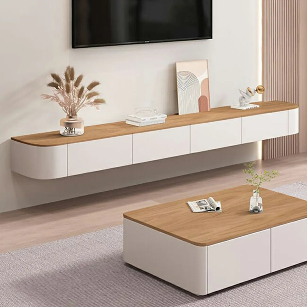 Moderner langer weißer schwebender TV-Schrank aus Holz mit Schubladen