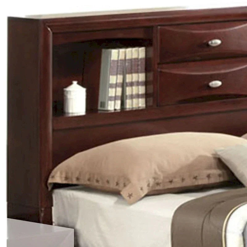 Bett im Paneel-Design, Queensize-Bett mit Bücherregal und Schubladen, Braun