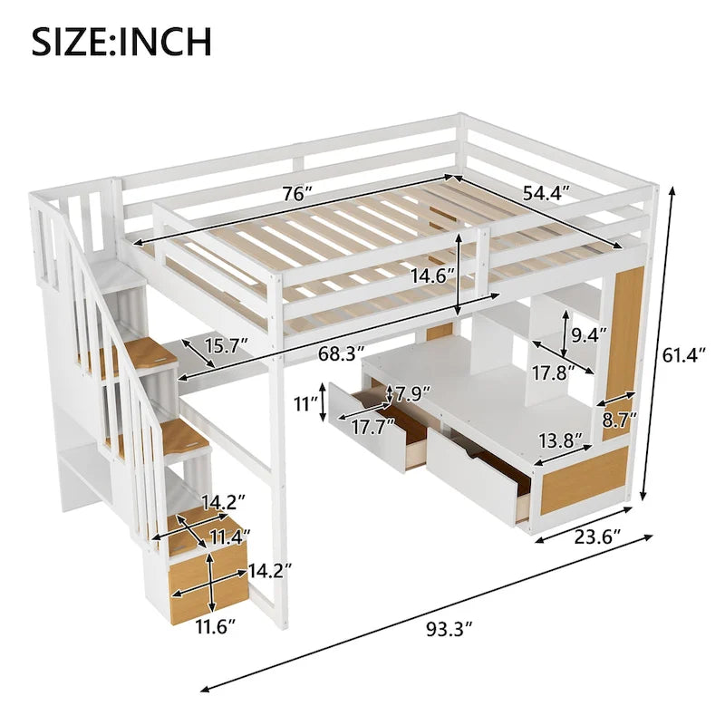 Lit mezzanine double en bois massif naturel et blanc avec bureau et tiroirs