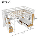 Lit mezzanine double en bois massif naturel et blanc avec bureau et tiroirs
