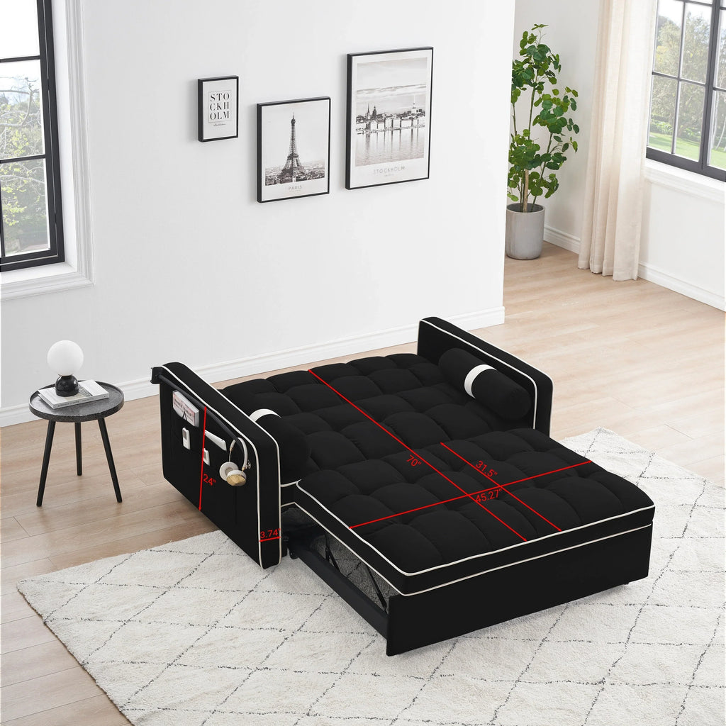 Sofá-Cama Convertível de Veludo para 2 Pessoas, com 55', Cama Extensível, Encosto Reclinável Ajustável, Bolsos Laterais e Suporte para Telemóvel