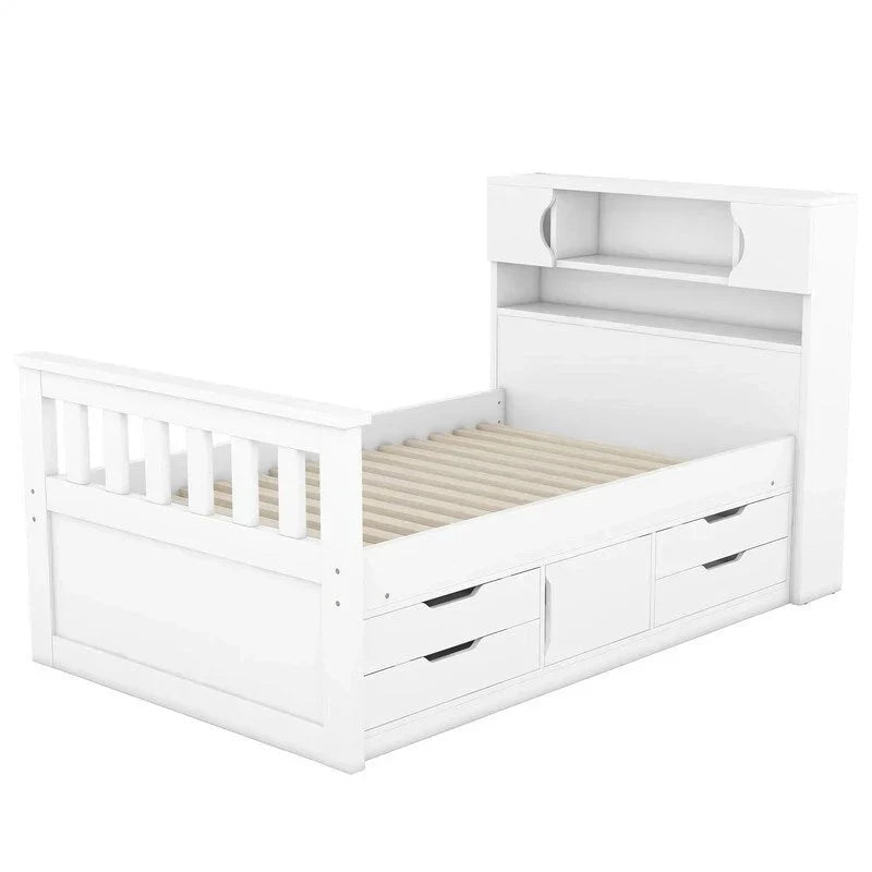 Letto a piattaforma Captain matrimoniale o singolo con 4 cassetti e ripiani contenitori, struttura in legno massello con testiera libreria contenitore