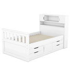 Letto a piattaforma Captain matrimoniale o singolo con 4 cassetti e ripiani contenitori, struttura in legno massello con testiera libreria contenitore
