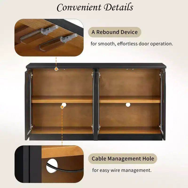 Großes Buffet-Sideboard mit 4 Türen und Glastüren, gewölbter Schrank mit verstellbaren Einlegeböden für die Küche