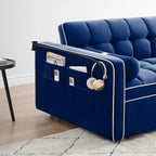 Sofá-Cama Convertível de Veludo para 2 Pessoas, com 55', Cama Extensível, Encosto Reclinável Ajustável, Bolsos Laterais e Suporte para Telemóvel