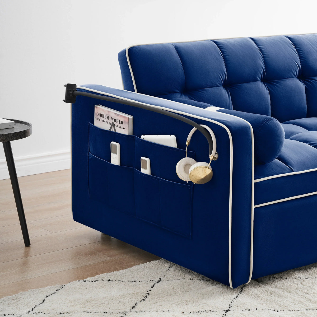 Sofá-Cama Convertível de Veludo para 2 Pessoas, com 55', Cama Extensível, Encosto Reclinável Ajustável, Bolsos Laterais e Suporte para Telemóvel