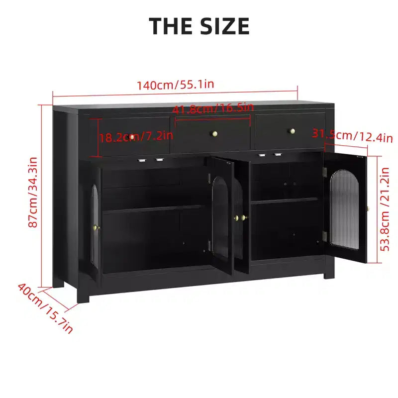 Buffet étroit de 140 cm avec rangements, meuble d’appoint avec 3 tiroirs et 4 portes pour cuisine, salle à manger et salon