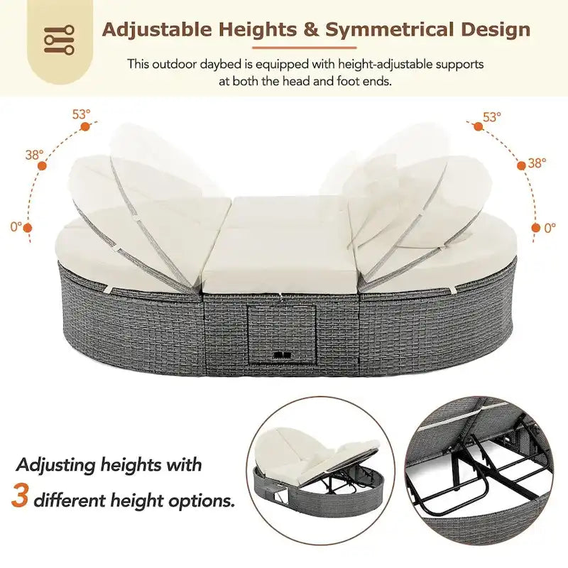 Letto prendisole da esterno per patio, daybed per 2 persone con cuscini e guanciali