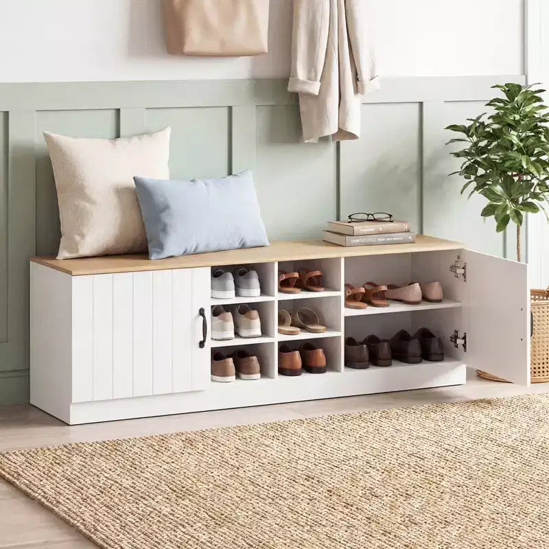 Banc à chaussures à 2 portes avec étagères réglables et espace de rangement dissimulé, naturel + blanc/Whi5te