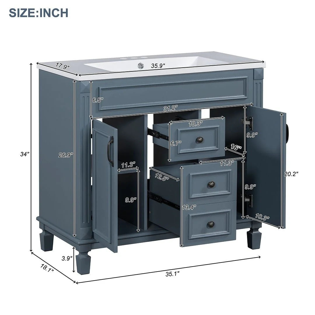 36-Zoll moderner Waschtischunterschrank mit Aufsatzwaschbecken und Spiegelschrank, 2 Türen und 2 Schubladen