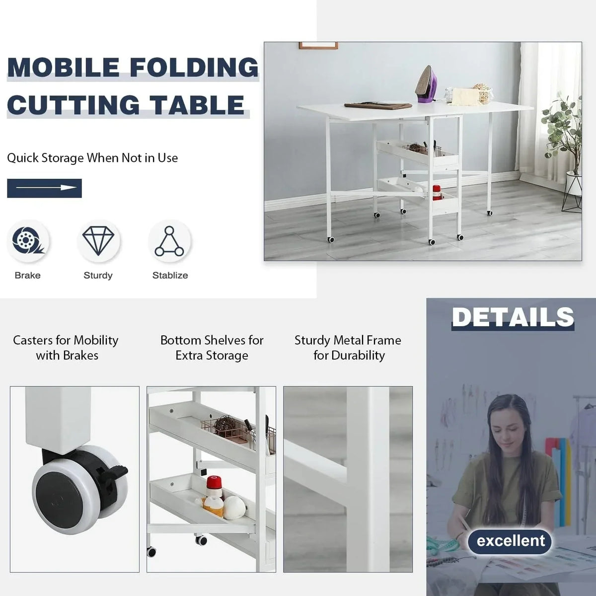 Höhenverstellbarer Basteltisch mit Ablagefächern, mobiler, klappbarer Zuschneidetisch für Homeoffice, Näh- oder Bastelzimmer