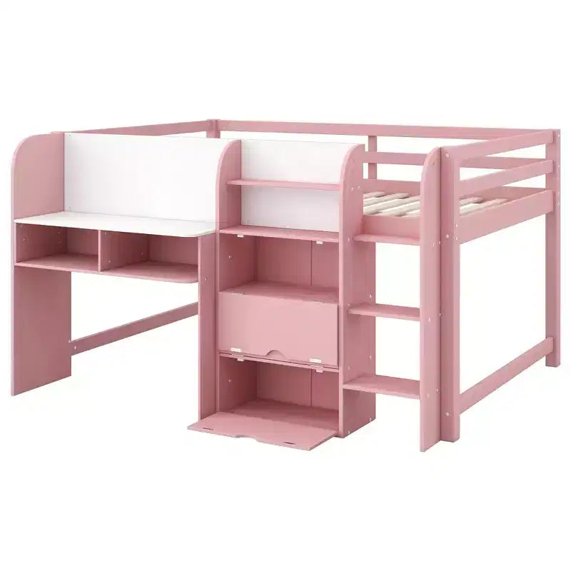 Letto rialzato basso rosa/bianco con scrivania, spazio contenitore e lavagna bianca -C singolo, 1 persona