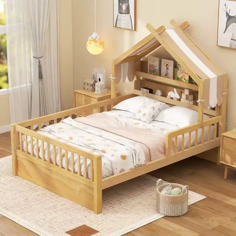 Cama-casa de madeira ModernLuxe para colchão individual/cama de casal com cabeceira com arrumação, estrutura de cama infantil em pinho maciço com grades de proteção