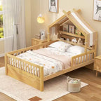 Cama-casa de madeira ModernLuxe para colchão individual/cama de casal com cabeceira com arrumação, estrutura de cama infantil em pinho maciço com grades de proteção