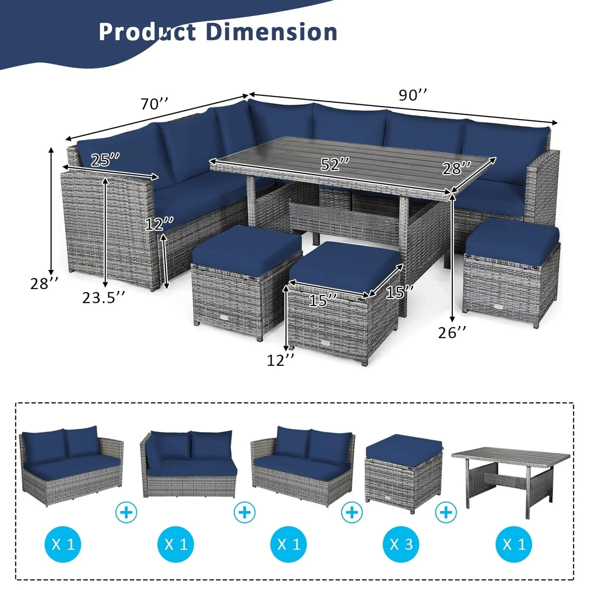 Costway 7-teiliges Dining-Set aus Polyrattan für die Terrasse mit Ecksofa, Couch und Hocker – Details anzeigen