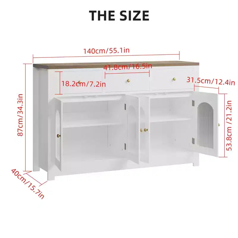 Buffet étroit de 140 cm avec rangements, meuble d’appoint avec 3 tiroirs et 4 portes pour cuisine, salle à manger et salon