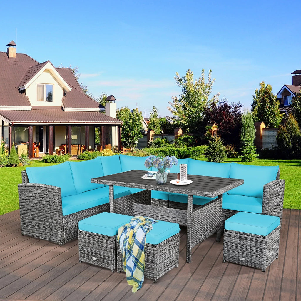 Costway 7-teiliges Dining-Set aus Polyrattan für die Terrasse mit Ecksofa, Couch und Hocker – Details anzeigen