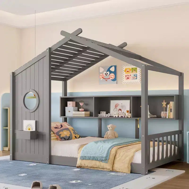 Dětská postel domeček typu Twin/Full, Montessori podlahová postel s úložnou policí – ModernLuxe