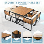 Set da pranzo da esterno in legno di acacia da 18 pezzi, 8 sedie imbottite, 8 pouf e 2 tavoli quadrati