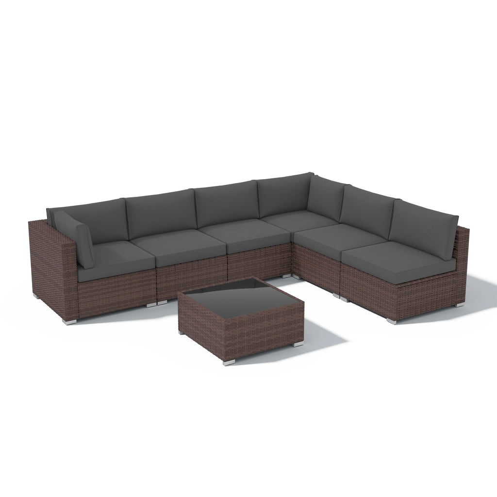Ensemble de canapé modulaire d’extérieur rembourré en osier et acier, 7 pièces
