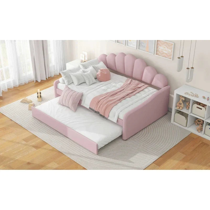 Divã estofado de tamanho Full com encosto em concha e cama extra