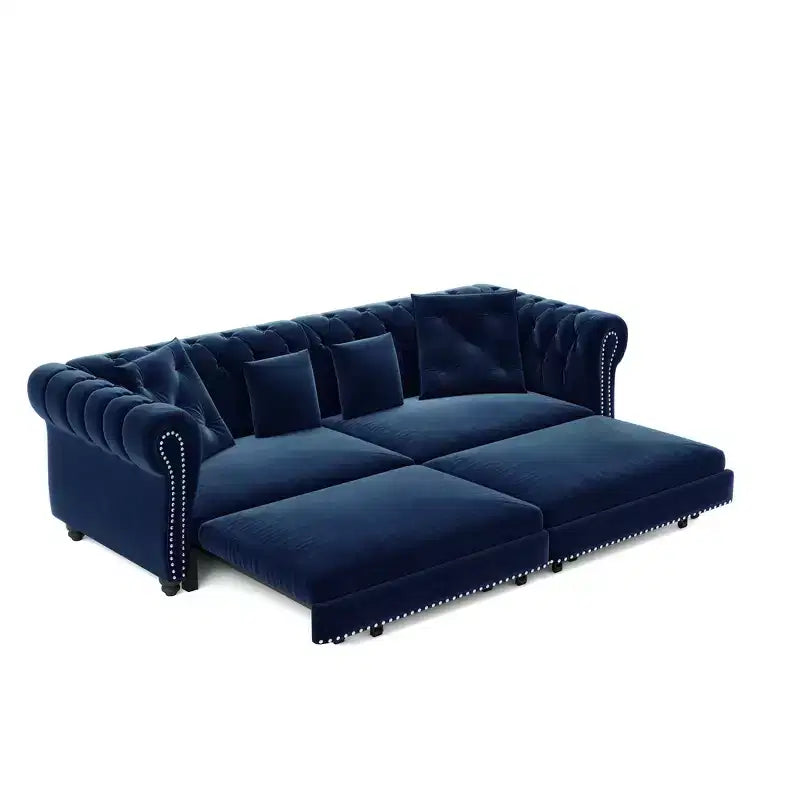 Whisen fluwelen 3-in-1 kingsize slaapbank en converteerbare slaapbank met verplaatsbare hocker, gecapitonneerd ontwerp