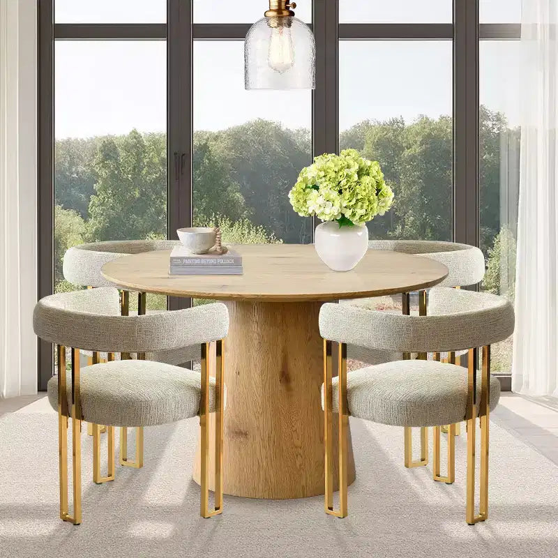 Conjunto de mesa de jantar extensível de redonda para oval com 4 cadeirões de veludo, design moderno com pé central, acomoda até 8 pessoas-Panipeachy