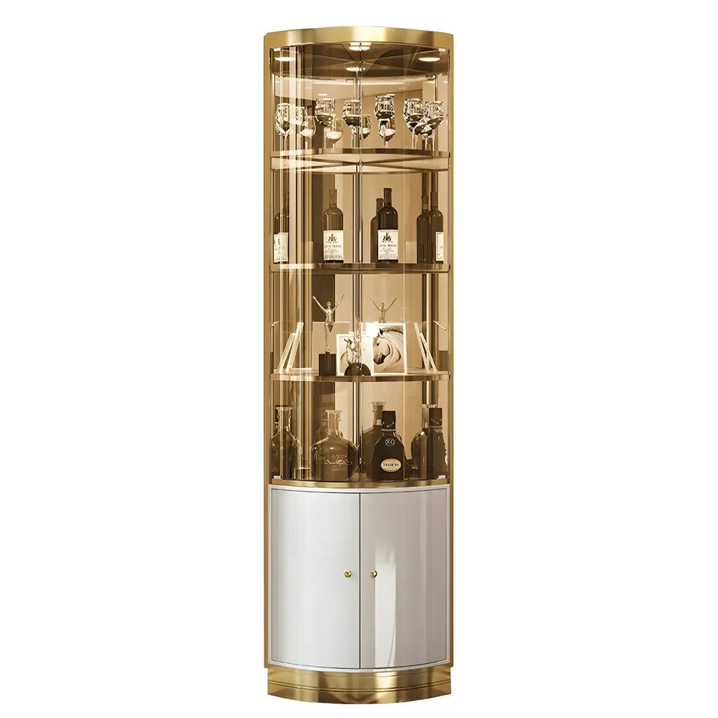 Vitrina de canto glamorosa com vidro brilhante e metal dourado, de formato arredondado