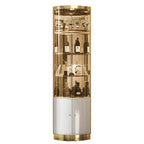 Vitrina de canto glamorosa com vidro brilhante e metal dourado, de formato arredondado