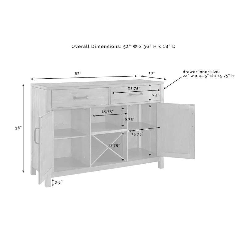 Crosley Roots Buffet mit natürlicher Oberfläche – 52 W x 18 T x 36 H
