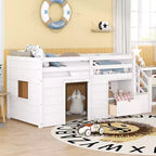 Letto rialzato basso singolo in legno massello da 94,6 L x 42,3 L, con scala, cassetto e ripiano, design moderno e pulito