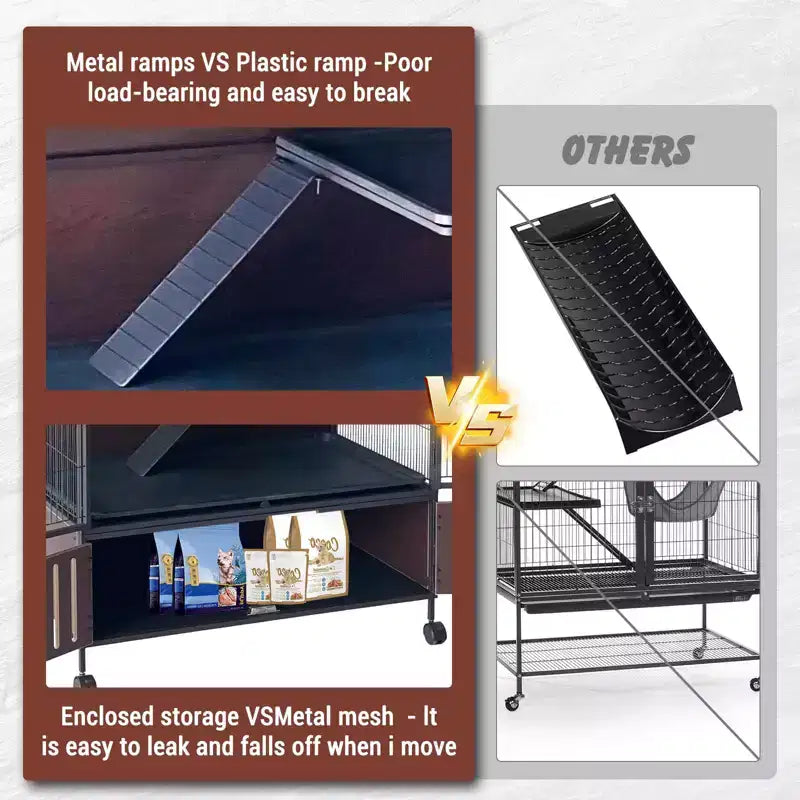 Cage pour petits animaux, cage pour furet : habitat à 5 niveaux de 59 po avec meuble de rangement, comprend un hamac, des roulettes, des rampes amovibles et des bacs faciles à nettoyer