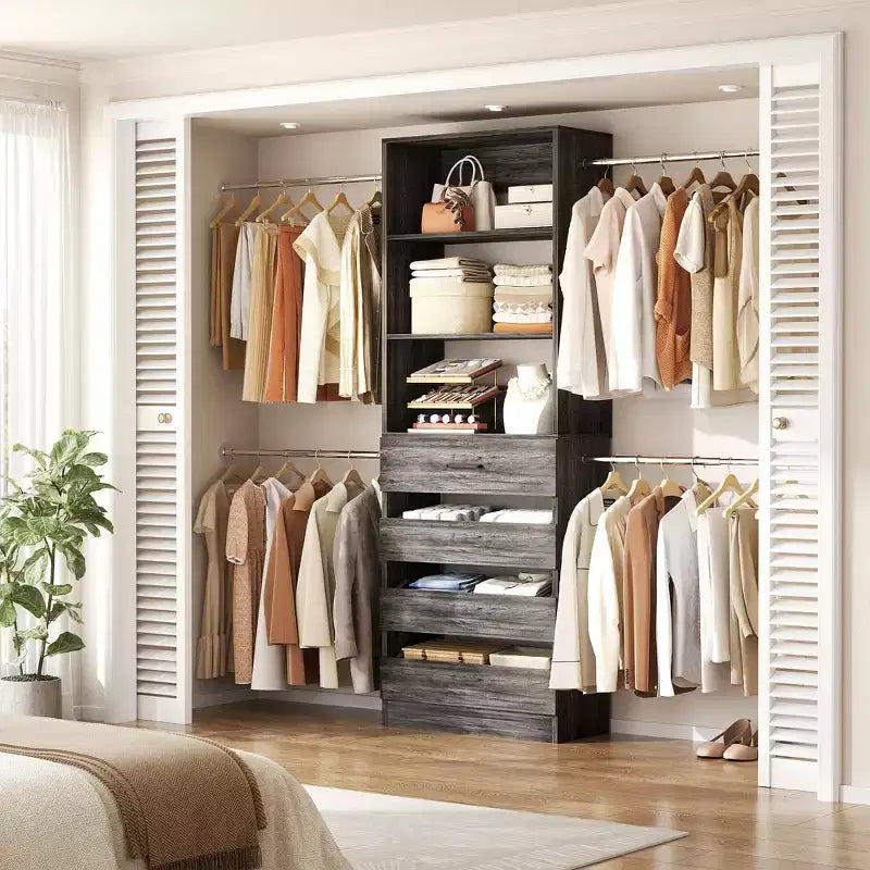 Besiost Holz-Kleiderschrank-Organizersystem für 1,2–2,7 m mit 4 Schubladen, 4 Kleiderstangen und Regaltürmen