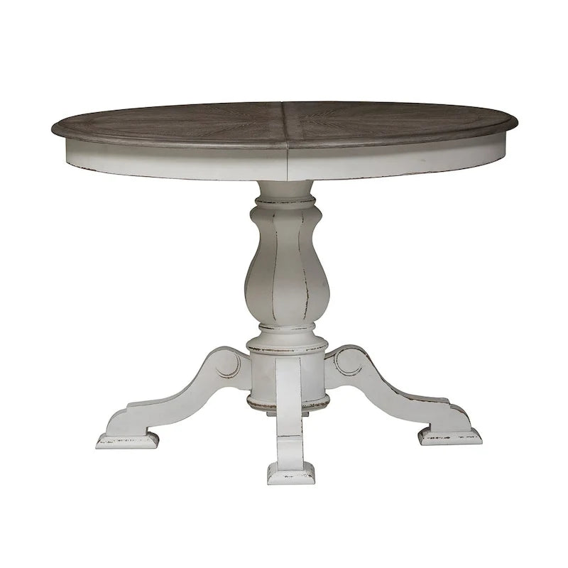 Mesa de jantar redonda com pé central Magnolia Manor e extensões - 2 acabamentos