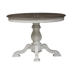 Mesa de jantar redonda com pé central Magnolia Manor e extensões - 2 acabamentos