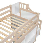 Letto rialzato basso singolo in legno massello da 94,6 L x 42,3 L, con scala, cassetto e ripiano, design moderno e pulito