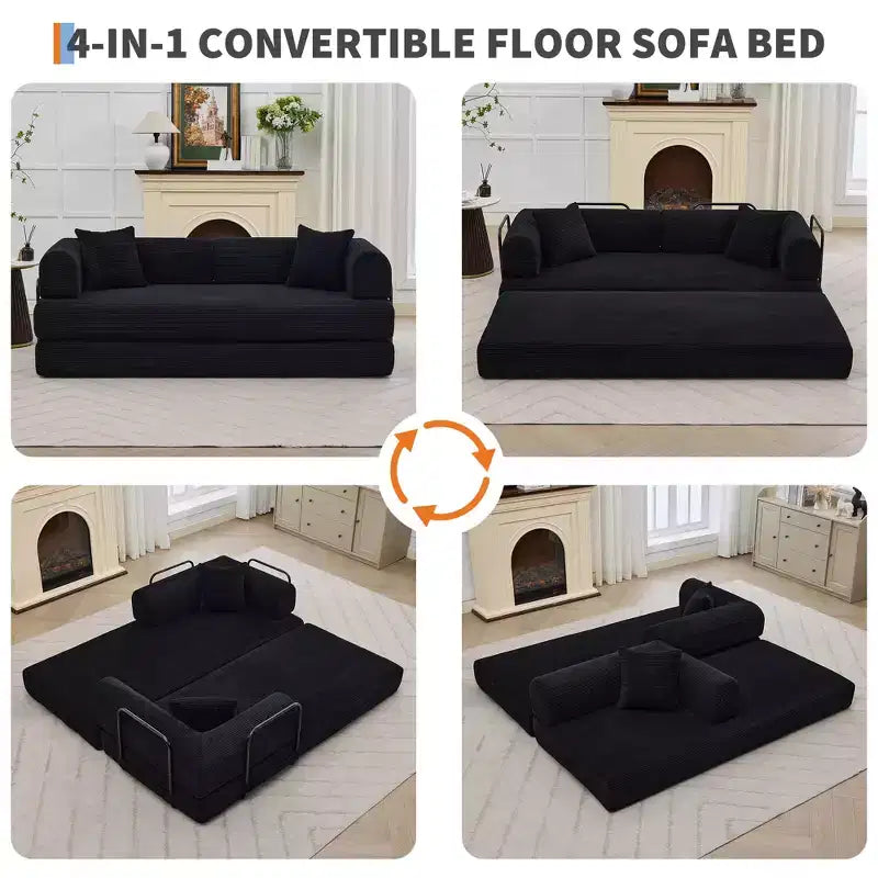 4-in-1-Schlafsofa, 79 Zoll rahmenlose Faltbodenmatratze aus Cord mit Kissen, ohne Montage, Loveseat für kleine Wohnungen