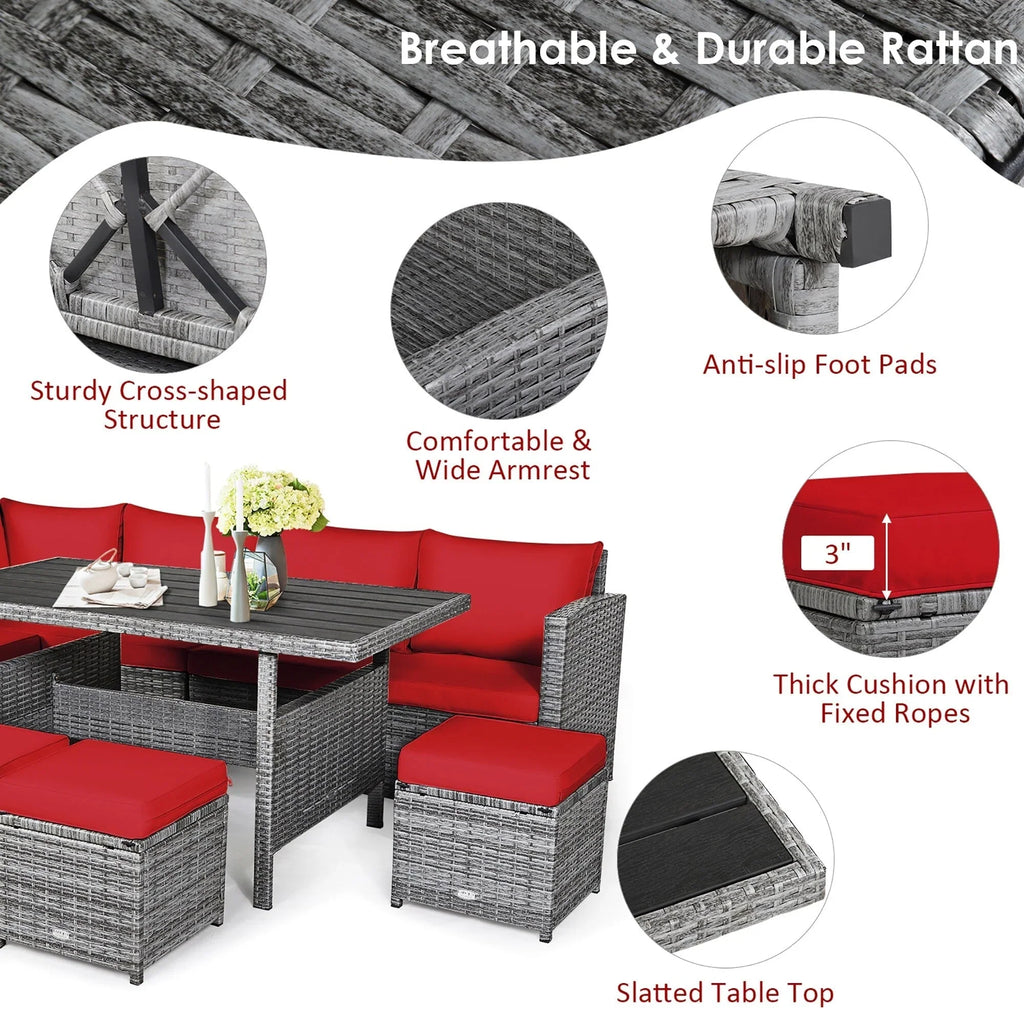 Costway 7-teiliges Dining-Set aus Polyrattan für die Terrasse mit Ecksofa, Couch und Hocker – Details anzeigen