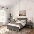 Estrutura de cama de tamanho casal Plank+Beam estilo quinta, com cabeceira, cama de plataforma em madeira maciça