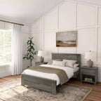 Estrutura de cama de tamanho casal Plank+Beam estilo quinta, com cabeceira, cama de plataforma em madeira maciça