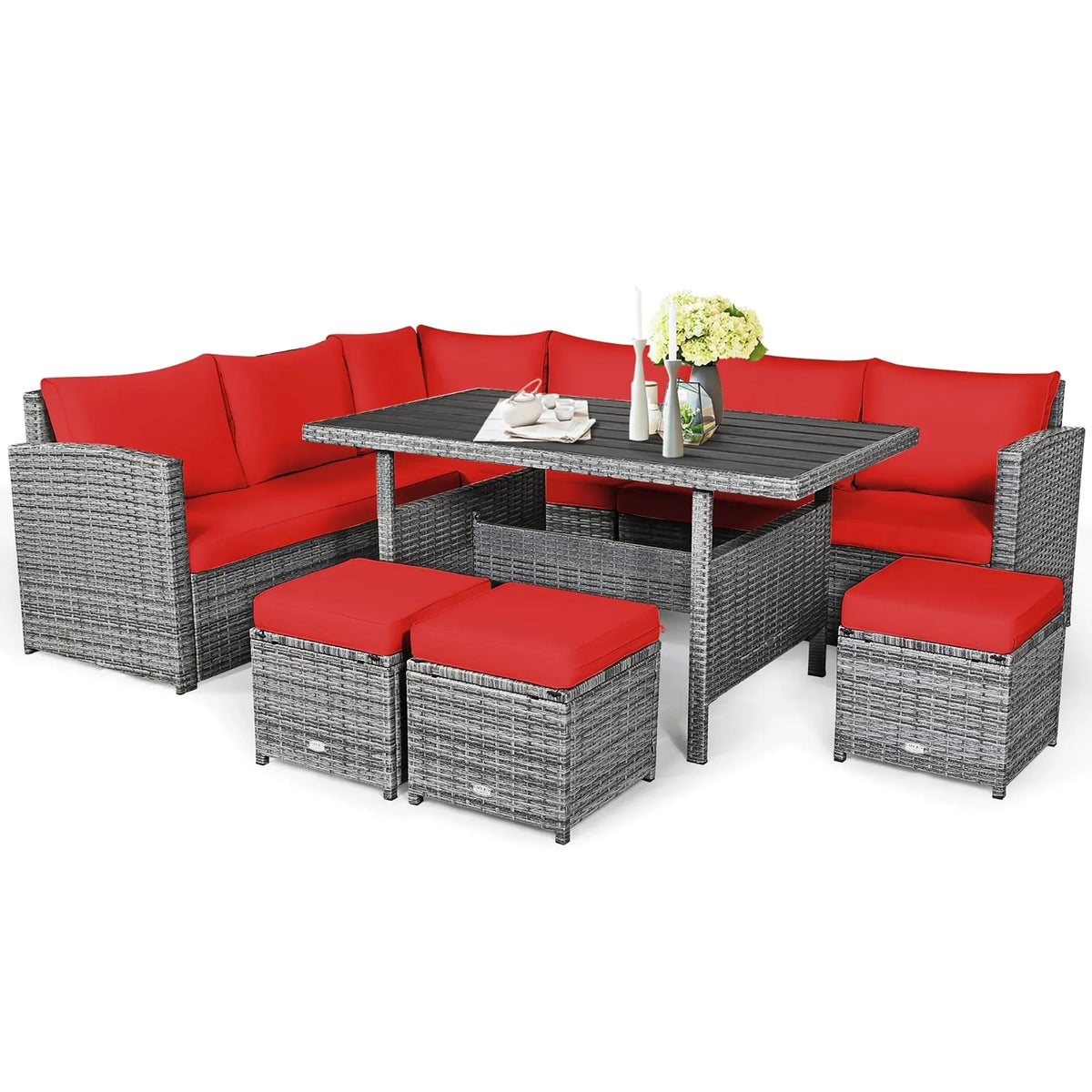 Costway 7-teiliges Dining-Set aus Polyrattan für die Terrasse mit Ecksofa, Couch und Hocker – Details anzeigen