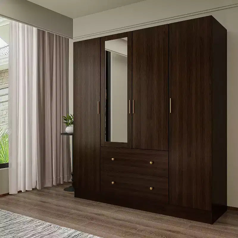 Roupeiro Hitow com 2 gavetas grandes, área central para pendurar roupa e espelho, estilo minimalista