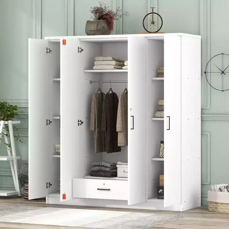 Armoire-penderie en bois à 4 portes avec tringle, 1 tiroir et étagères de rangement