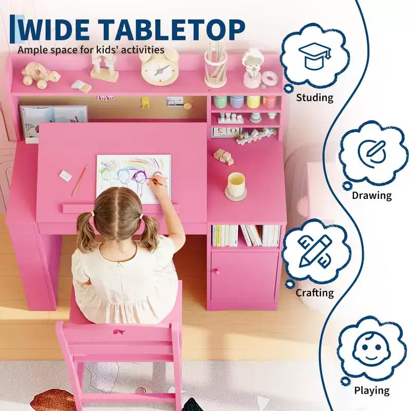 Ensemble bureau et chaise d’étude pour enfants avec rangement, bureau d’étude pour enfants avec dessus et plateau inclinable, de 3 à 8 ans, table d’écriture pour chambre